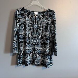 Charter Club Black Paisley Keyhole Long Sleeve Top with Blue Accents